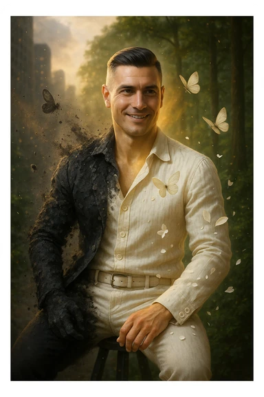 Trasformazione cinematografica: uomo d'affari in giacca sintetica nera che si sfalda come cenere, mentre da dentro emerge una nuova versione di sé vestita di lino color avorio, farfalle che nascono dalle fibre di cotone biologico, petali di fiori che si trasformano in bottoni di madreperla, capelli che diventano più folti e luminosi al contatto con tessuti naturali, pelle che letteralmente respira vapore dorato, city background che si trasforma in foresta rigogliosa, slow motion epico con particelle di luce danzanti sticker