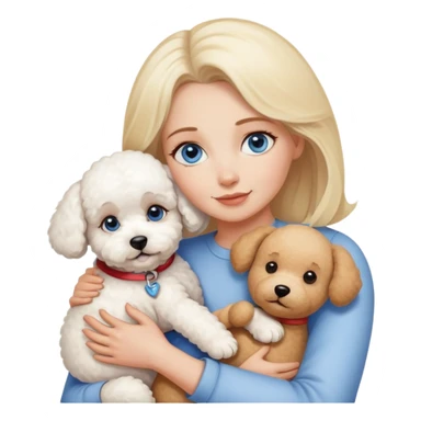 Blonde blue-eyed -mother -hugs two dogs, a Bichon Frise and a Teddy sticker
