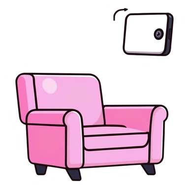 angled smartphone with a large, visible armchair image on its screen, product detail view, with sparkle emoji on the left side sticker