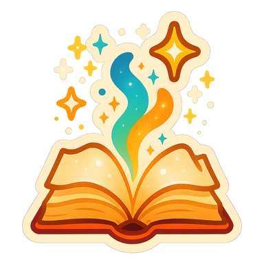 open book with magic bursting out, glowing stars, magical sparks, no twigs or leaves, retro sticker style, shadows and highlights sticker