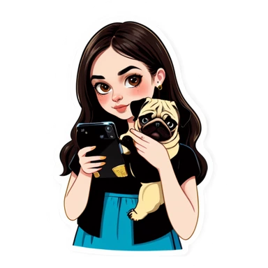 Beautiful young girl with choppy long dark brown hair flows over her her septum piercing is gold and shines as she holds her black phone and her large pug with an underbite layed beside her sticker