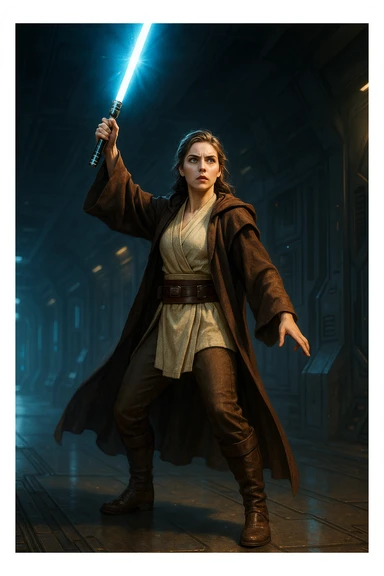full body female Jedi holding a lightsaber high above her head in a heroic stance, glowing lightsaber, futuristic setting sticker