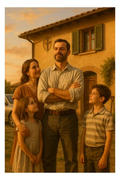 Uomo tra i 35 e i 45 anni, in piedi con postura fiera davanti alla sua casa, circondato dalla famiglia: moglie e figli lo guardano con rispetto e affetto. Indossa abiti semplici ma ordinati, simbolo di lavoro e stabilità (camicia, pantaloni, magari una cassetta degli attrezzi o una valigetta vicino). Sullo sfondo elementi che richiamano i suoi ruoli: casa ordinata, auto familiare, strumenti di lavoro, simboli di protezione e presenza. Espressione serena, forte ma accogliente. Colori caldi, luce naturale del tramonto. Stile realistico, atmosfera rassicurante e simbolica in italia, immagine realistica sticker