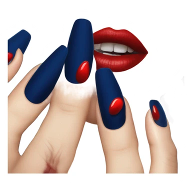 long dark blue manicure at the mouth with red lipstick sticker