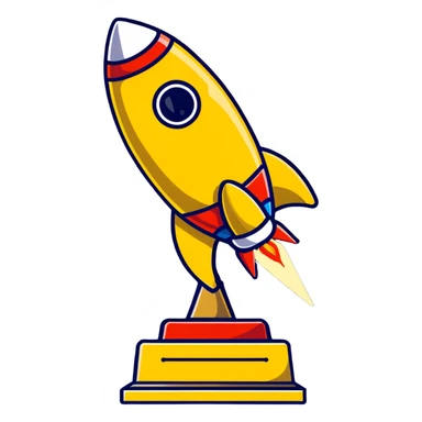 Golden rocket achievement award, shiny gold rocket on a trophy stand sticker