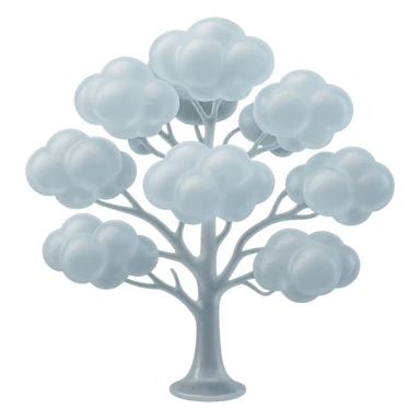 one tree with many branches and a white trunk, crown made of small very bright white fluffy convex clouds, matte glass style sticker