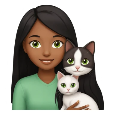 black girl with brown eyes with straight long black hair with a side part.  holding a female white cat with green eyes sticker