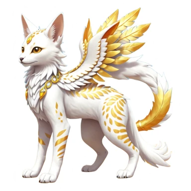 Epic complex fantasy glorious detailed futuristic divine godly angelic feathery sunny, white, albino, pastel, golden, orange glowing sparkly, realistic Fakémon-Sprigatito-Floragato-Meowscarada-Trico-Sergal-Serval-Solgaleo-Vernid-creature (full body) solarpunk, shiny sparkly with a gold laurel sticker