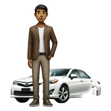 slender indian boy standing next to a toyota camry sticker
