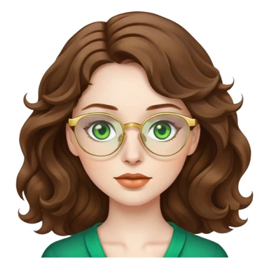 woman with pale skin, brown wavy hair, green eyes, gold glasses sticker