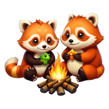 red panda and frog cuddled up by a glowing campfire sticker