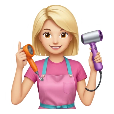 smiling blonde woman hairstylist wearing pink t-shirt and orange apron, hands raised, holding scissors and hairdryer clearly visible sticker