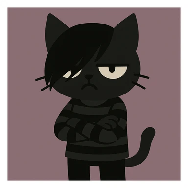 flat toon style emo kitty with side-swept bangs, striped shirt, moody pose sticker