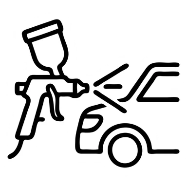 outlined icon of a paint spray gun pointing at a car section, clean lines, glossy black paint spraying out, silver details, modern and simple sticker