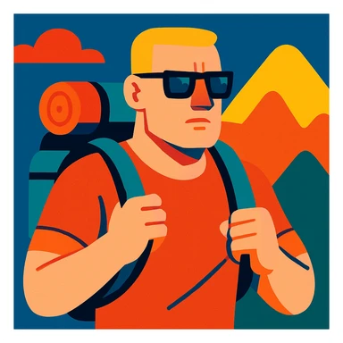 a bold man, ultra short hair, squared dark glasses, blue eyes, with a backpack, traveler, vibrant toon style sticker