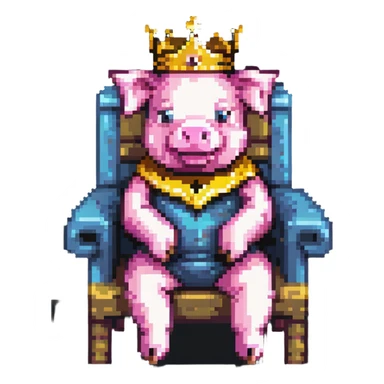 ultra-minimal pixel art pig with a golden crown sitting on a throne, blocky and square like Minecraft, inspired by Technoblade sticker