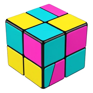 A 3x3 Rubik's Cube with 90s American graffiti-inspired colors, black edges, viewed from an angle, neon yellow, teal, and magenta sticker