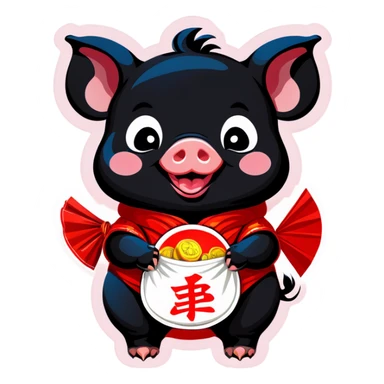 Cute baby black pig smiling with 4 fortune pouches. sticker