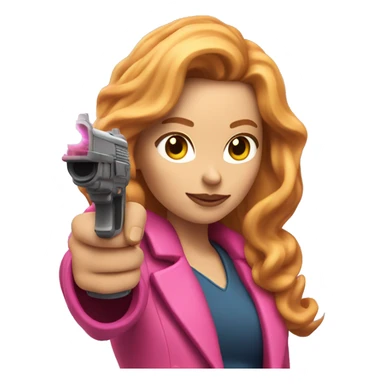 Woman with long reddish blonde hair and fluffy pink coat pointing a laser gun sticker