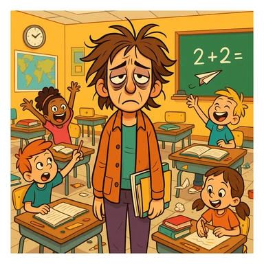 digital cartoon art of a exhausted teacher in a bustling classroom sticker