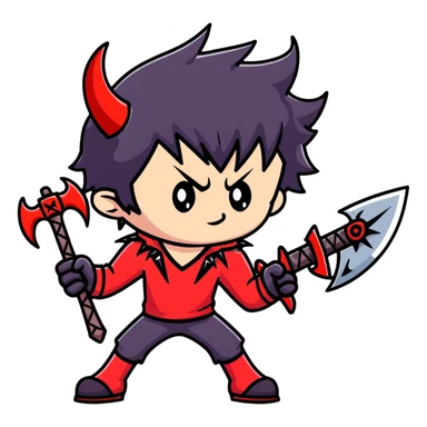 Anime devil boy with spiky black hair, red horns, and a battle axe sticker