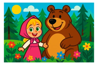 adorable cartoon scene: a blonde girl in a pink dress and headscarf, green eyes, smiling beside a large friendly brown bear in a vibrant pine forest with colorful flowers, bright background sticker
