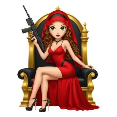 Drug dealer female green eyes symbol.  hair is brown curly long hair. sexy long with long red and black dress and mouth veil cover on that covers her mouth only. black stiletto platform high heels shoes on. Holding sniper rifle sitting on a gold throne. sticker