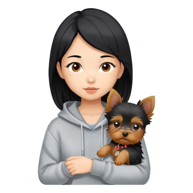 a black-haired Chinese girl in a gey hoodie with a yorkie puppy sticker