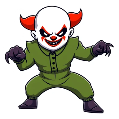 evil clown warrior, bald, very short black devil-like horns on forehead, fangs, pointed ears, black and military green leisure suit, realistically proportioned, bulky and muscular human body, full body visible, battle-ready fighting posture sticker
