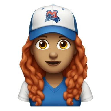 front facing standing up female coach with long red hair, wearing a white t-shirt and a simple baseball blue hat sticker
