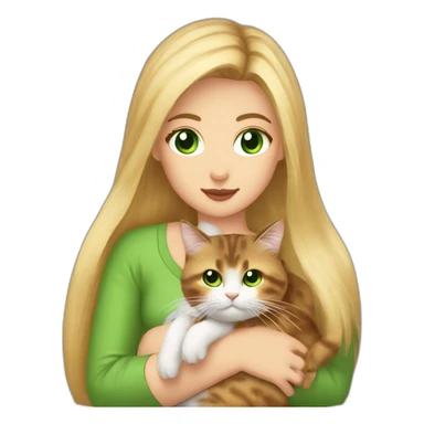 woman with green eyes and long straight blonde hair and big boobs is holding a very fluffy and fat tortoiseshell cat sticker