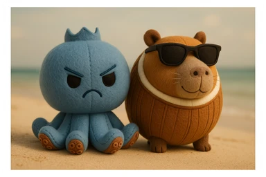 Combine the blue angry octopus plush and the capybara in a coconut shell with sunglasses together in one scene, side by side as if they are friends on an adventure, keeping their original plush portrait style. sticker