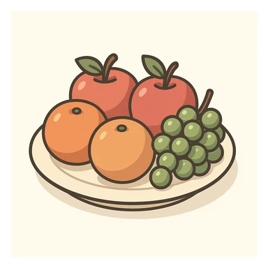 a plate with assorted fruits including apples oranges and grapes in 2D isometric illustration style sticker