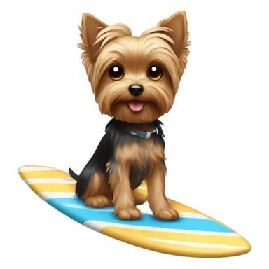 A Yorkie dog riding a surf board holding a dog bone sticker