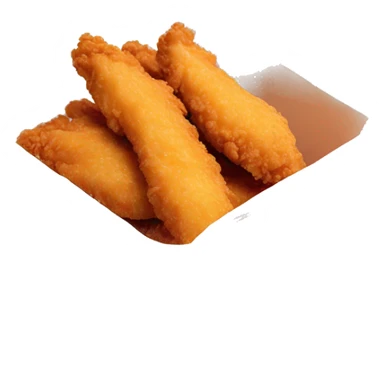 3 chicken tenders with crinkle fries and orange sauce on the side in a styrofoam container styrofoam container sticker