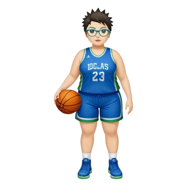 full body white plus size women basketball player with short spiky dark hair with added blond highlights wearing blue glasses wearing blue and green uniform sticker