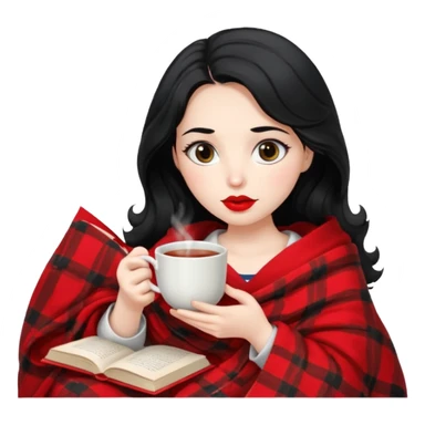 Long wavy Black haired, white skinned, dark big eyed girl with red lipstick wrapped in a blanket, sipping tea and reading a book sticker