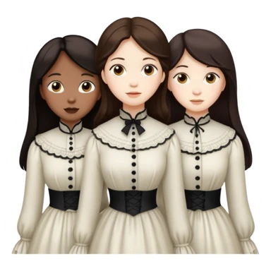 Three Victorian ghost best friends with dark brown hair  one Asian one Caucasian  one African American all beautiful  sticker