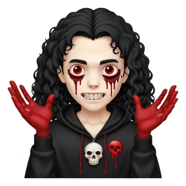 Vampire wearing a black hoodie with a skull logo on it, long curly hair that covers the forehead, fanged teeth and blood on hands sticker