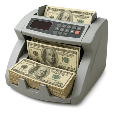 modern banknote counter machine with stacks of US dollars, clear details sticker