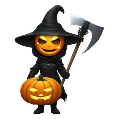 Human female pumpkin hunter with a scythe, glowing pumpkin eyes inside a black helmet, Halloween theme, emoji" sticker