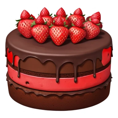 chocolate cake with strawberries on top and a visible cross-section sticker