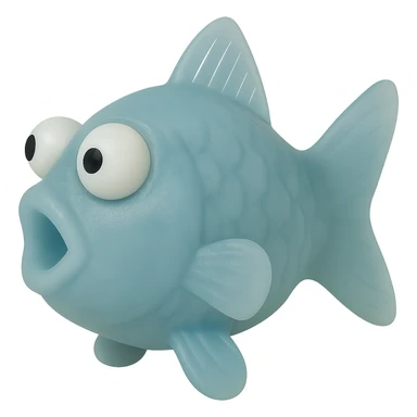 Rotate the fish so it is facing directly to the side (90 degrees from the camera). Remove the tag. Keep the body see-through, semi-transparent blue plastic with eyes derpy and going in opposite directions. No background. Render in a hyper-detailed, soft plastic 90's toy look with soft reflections, soft and squishy texture, some cloudiness, not shiny, highly detailed and appealing. sticker