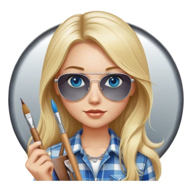 girl with long blond hair, wearing plaid shirt with blue eyes and aviator sunglasses wearing a ring on her silver necklace, holding a wide paintbrush sticker