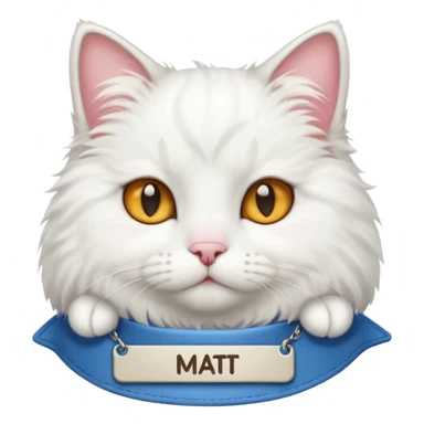 A WHITE CAT with a name tag that says mat sticker