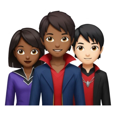 Solo poly platonic relationship, one is south African girl, one is Asian boy, one is biracial features Asian tomboy girl with anime short hair with long hair, vampire and marvel cosplay elements inspired. sticker