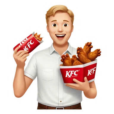 "Create an emoji of a white man holding KFC chicken wings with a happy and excited expression. Make sure to add the text 'KFC ABSOLUTE CINEMA ✋😮🤚' in large, bold letters, covering the entire screen and standing out clearly. This text must be included. Use a vibrant and expressive style." sticker