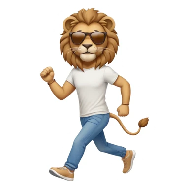 friendly anthropomorphised lion in jeans and a t-shirt, wearing dark sunglasses, jogging upright in standard pose sticker