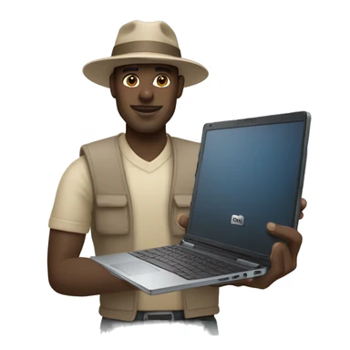 black guy wearing beige hat holding a dell precision 5680 laptop sticker