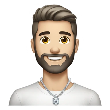 Younger white male with dark brown hair with grey highlights, a beard, and tattoos that is wearing a diamond coated white gold necklace, waving hello sticker